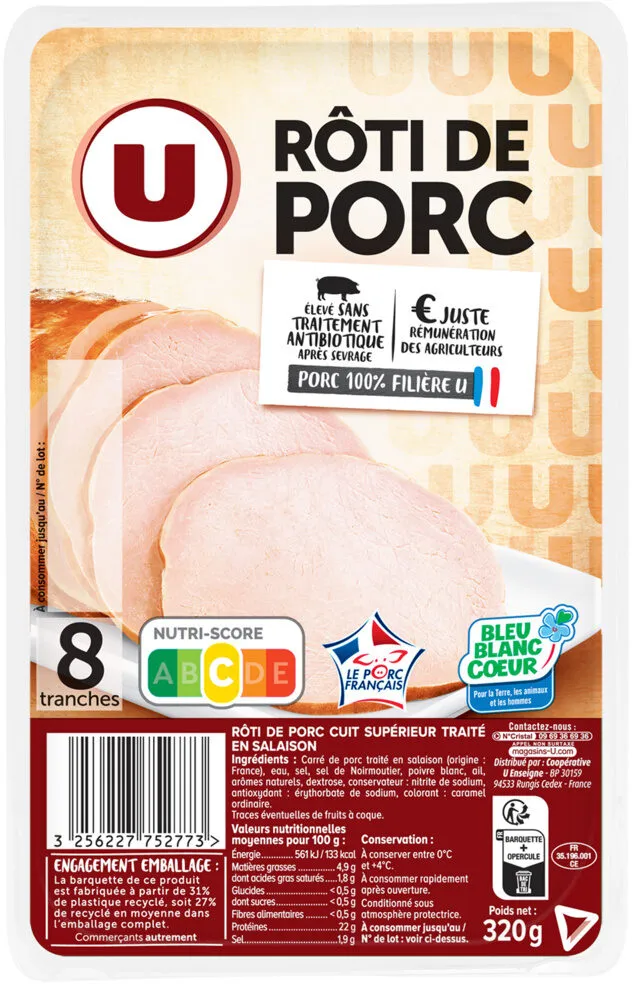 Rôti de porc nature Bleu Blanc Coeur - x8 tranches 320g