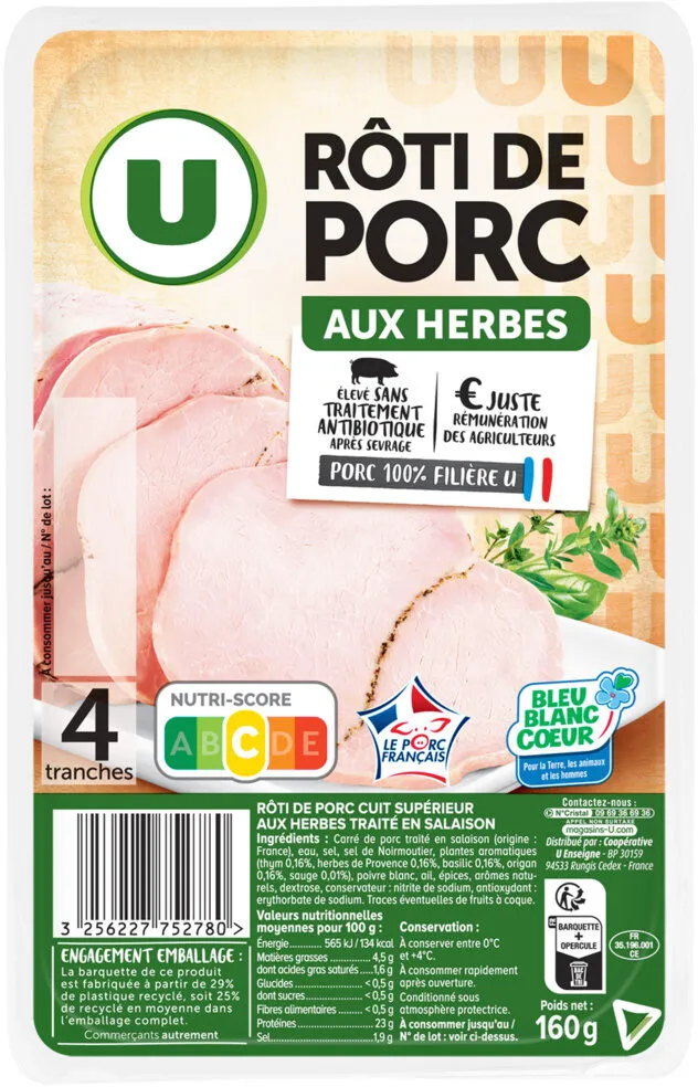 Roti de porc herbes Bleu Blanc Coeur - x4 tranches 160g