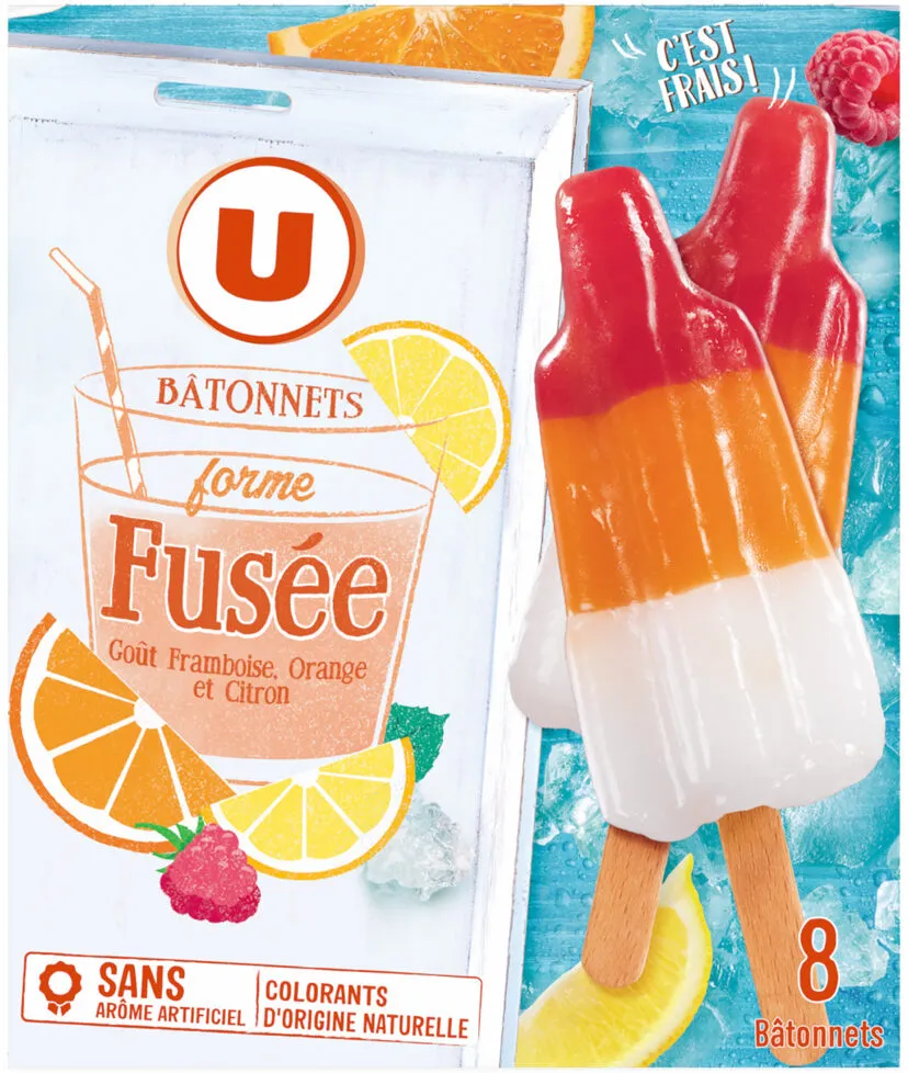 Bâtonnet en forme de fusée framboise orange citron