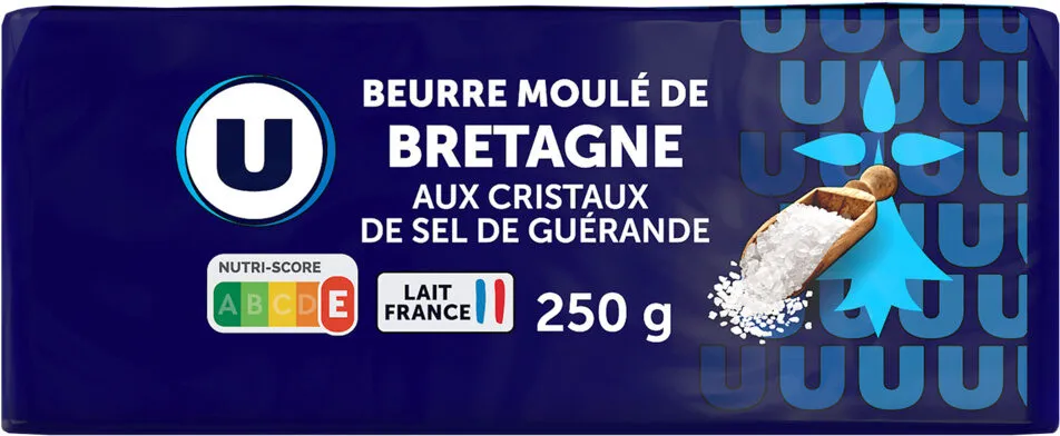Beurre moulé aux cristaux sel de Guérande 80%mg, plaquette de 250g