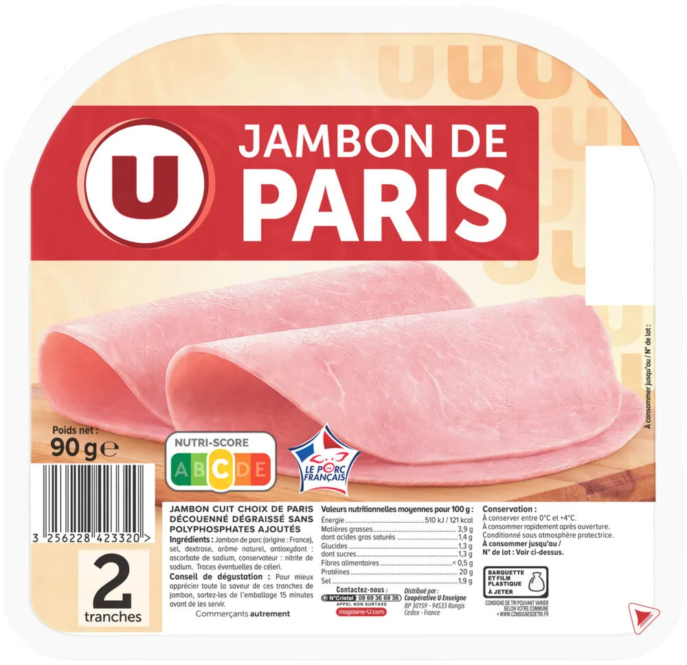 Jambon cuit de Paris sans couenne VPF 2 tranches 90g