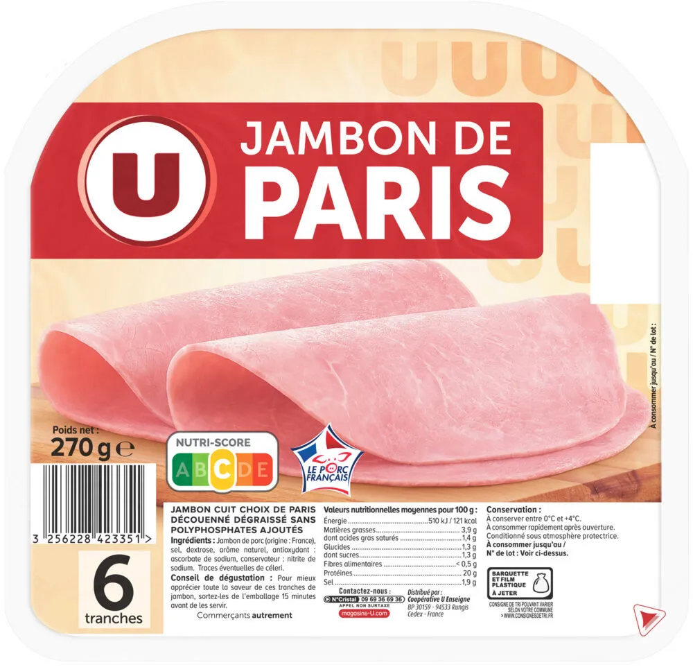 Jambon cuit choix paris sans couenne VPF 6 tranches 270g