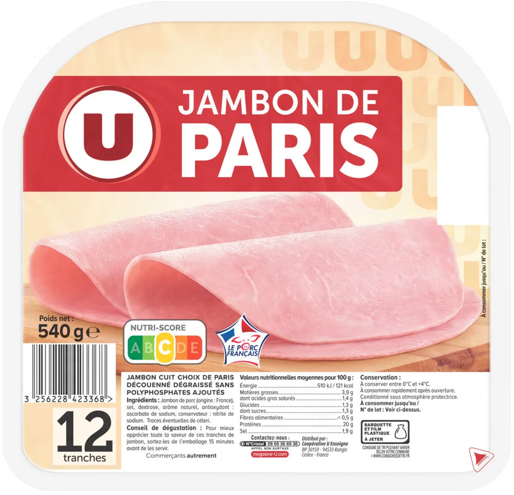 Jambon de Paris sans couenne VPF 12 tranches 540g