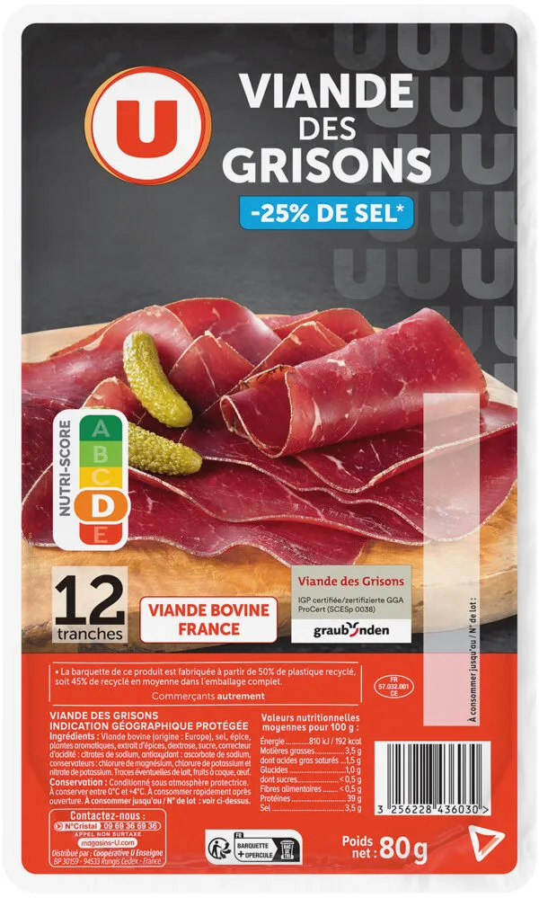 Viande des grisons -25% sel - x12 tranches, 80g