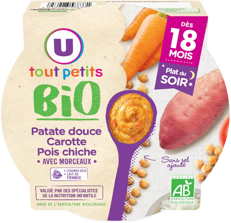 Plat bébé assiette patate douce, carottes, pois chiches, dès 18 mois -230g - Repas bébé