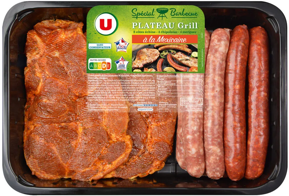 Plateau grillade mexicain, 2 échines + 4 chipos + 4 merguez, transforméen France, 790g