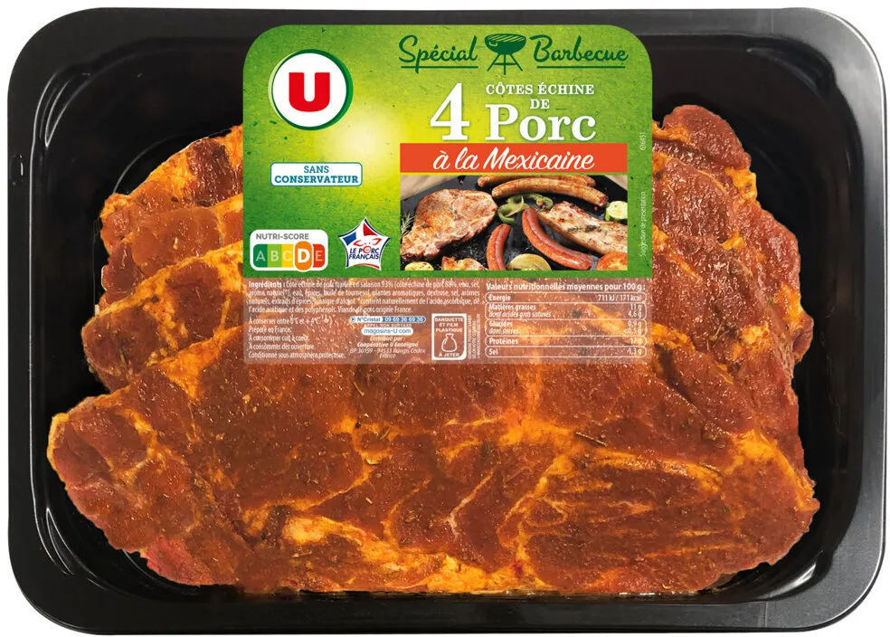 Côte échine avec os marinée mexicaine, France, barquette 4 pièces 700g