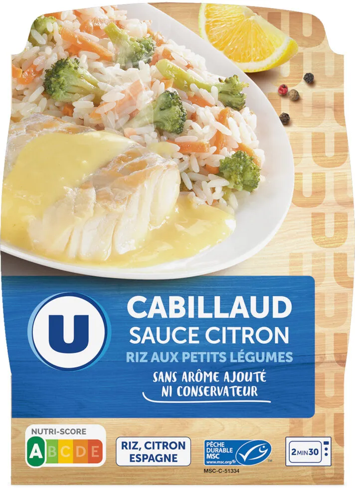 Plat cuisiné individuel Cabillaud sauce citron riz cuisiné aux petits légumes
