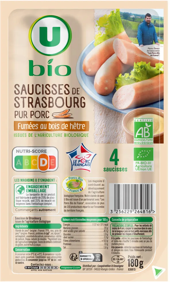 Saucisses de Strasbourg Pur Porc - x4, 180g
