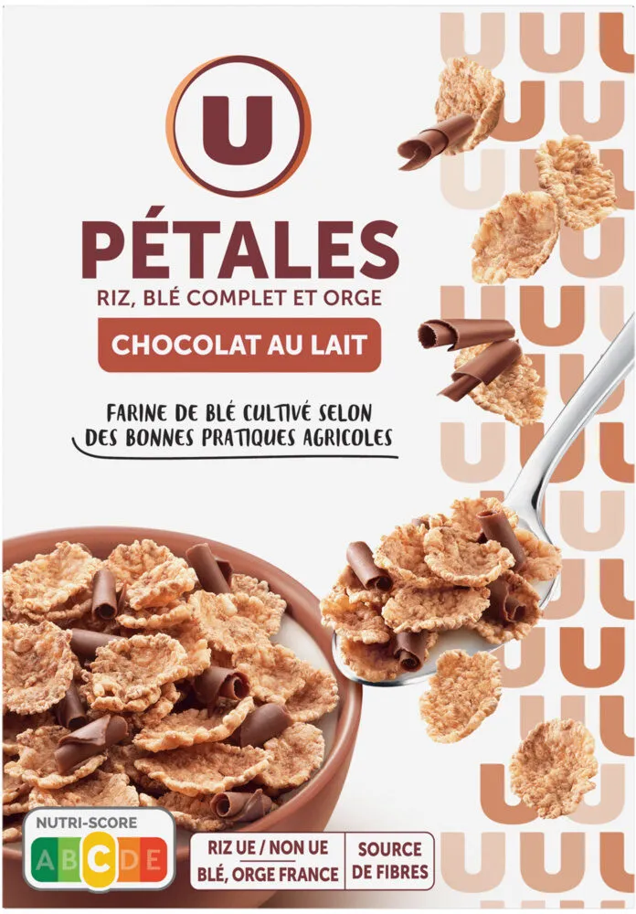 Pétales riz, blé complet et orge, chocolat au lait
