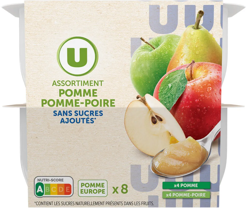 Coupelles compote de fruits 4 pomme nature + 4 pomme-poire sans sucreajouté, 8x100g