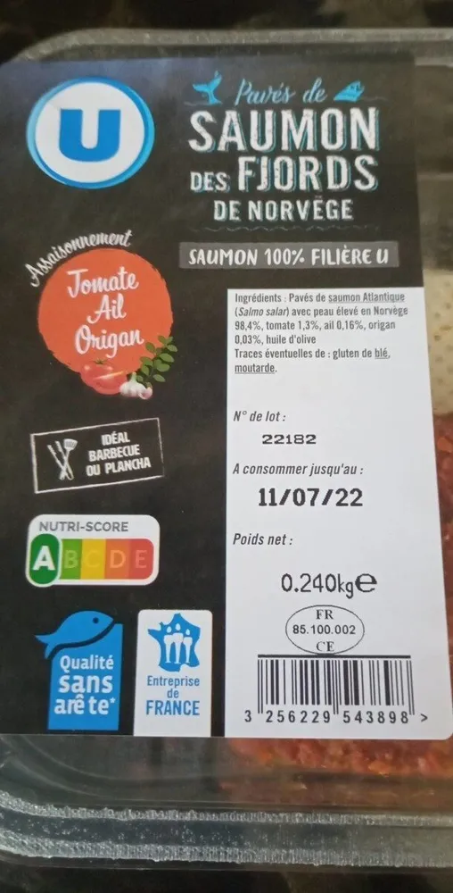 Pavé saumon tomate ail origan, 2 pièces, transformé en France, barquette, 240g