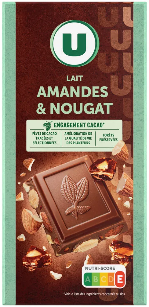 Chocolat au lait amandes et éclats de nougat au miel, - tablette 180g