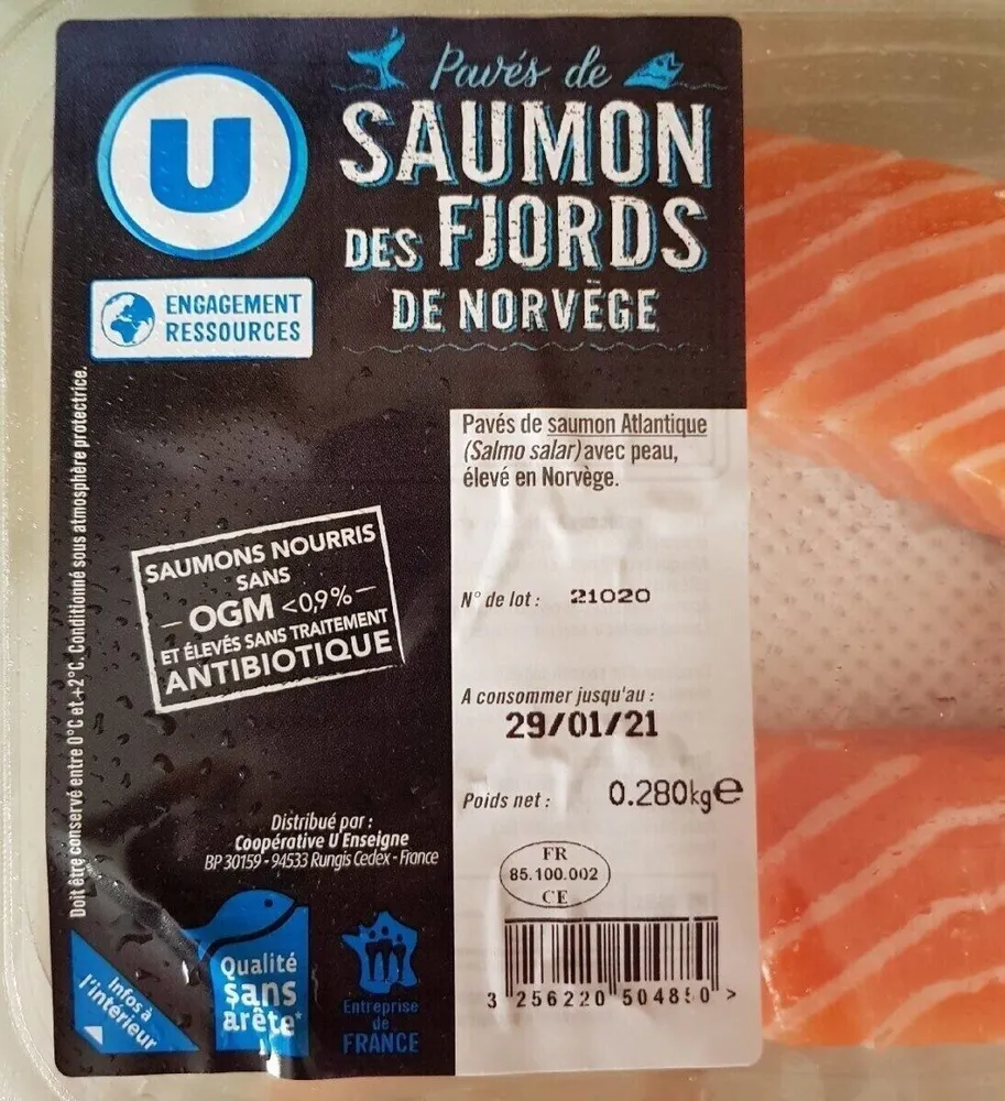 Pavé de saumon, Salmo salar, avec peau, élevé en Norvege, 2 pièces,barquette 250g