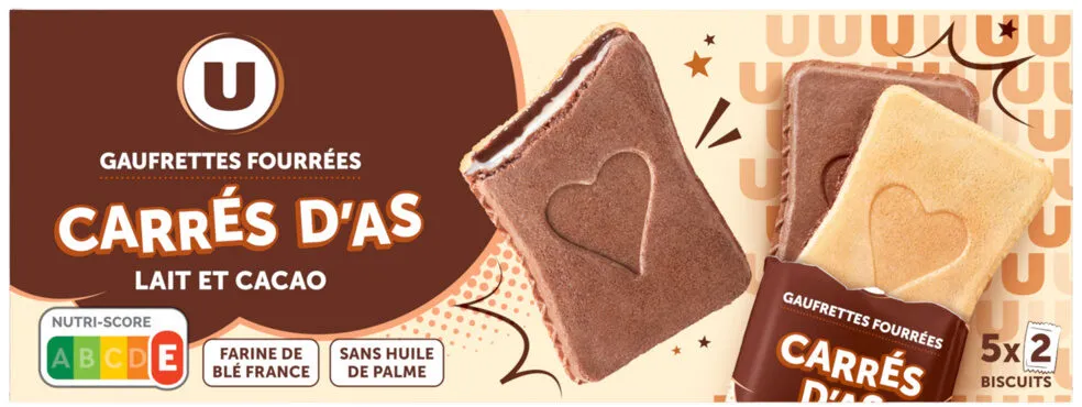Gaufrettes carrés d'as fourrées lait et cacao, 128g