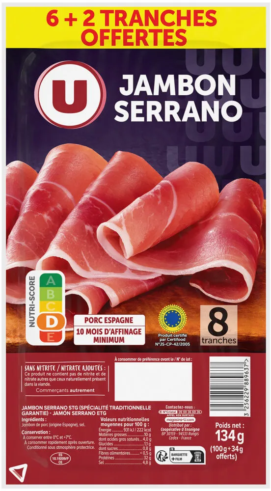Jambon de serrano stg 6 tranches + 2 offerts 134g