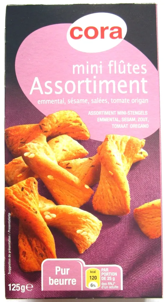 Mini flûtes assortiment emmental, sésame, salées, tomate origan