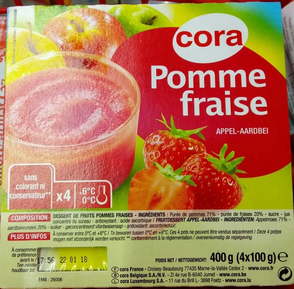 Dessert De Fruits Pomme Fraise, 4 Fois 100 Grammes, Marque Cora