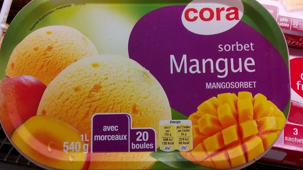 Sorbet Mangue, Avec Morceaux De Mangue, 1 Litre, Marque Cora