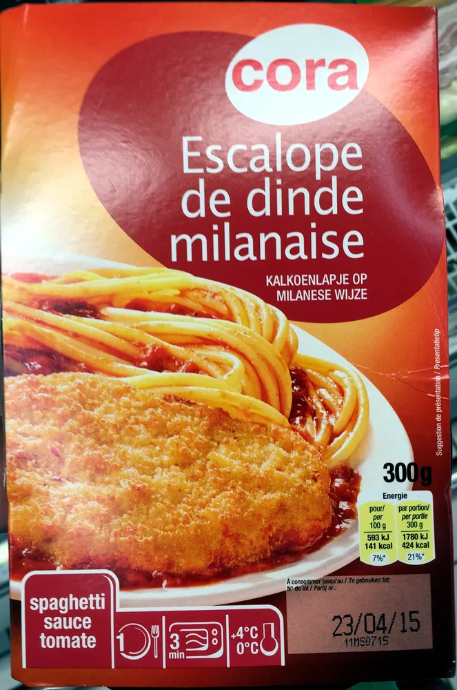 Escalope de dinde milanaise, spaghetti sauce tomate