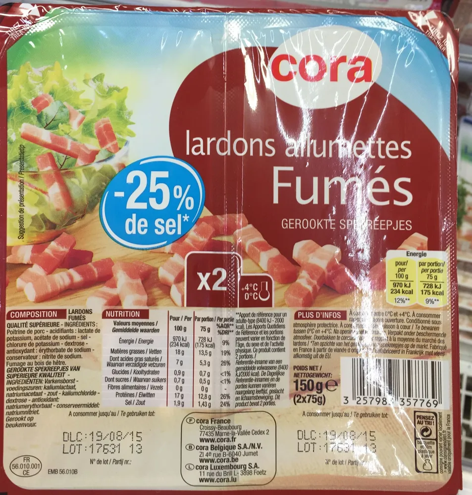 Lardons allumettes fumés -25% de sel