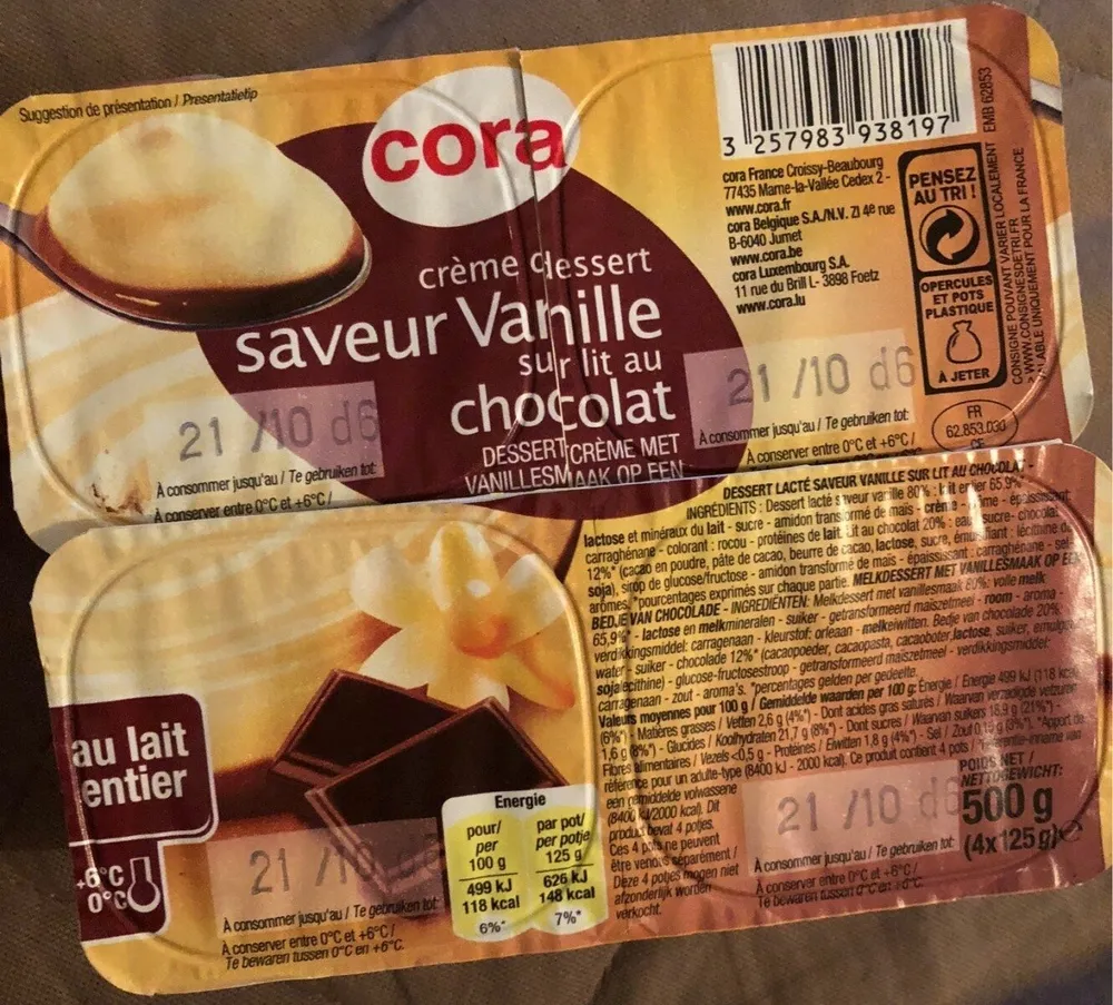 Crème dessert saveur vanille sur lit au chocolat