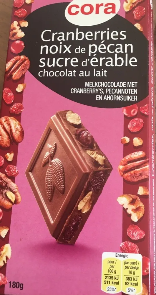 Chocolat au Lait Cranberries, Noix de Pécan, Sucre d'Érable