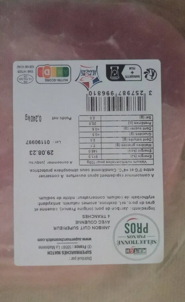 Jambon cuit supérieur avec couenne