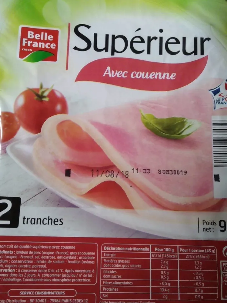 Jambon supérieur avec couenne 2 tranches