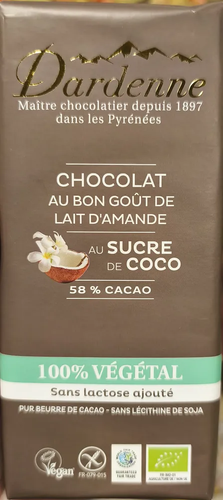 Chocolat lait d'amande 58%