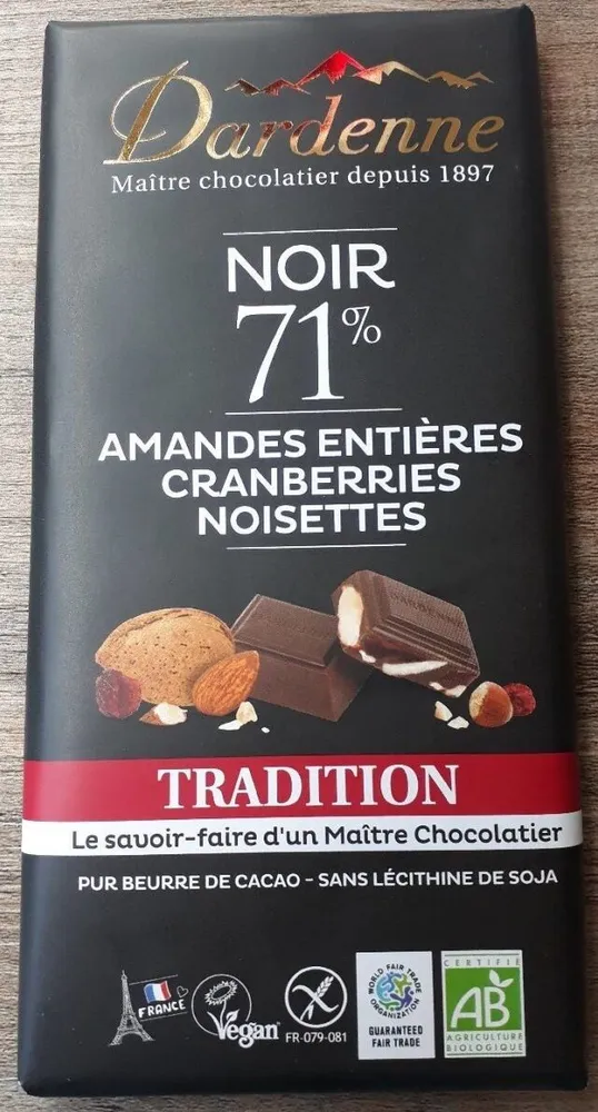 Chocolat noir 71% amandes entières, cranberries, noisettes
