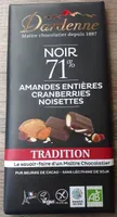 Chocolat noir 71% amandes entières, cranberries, noisettes