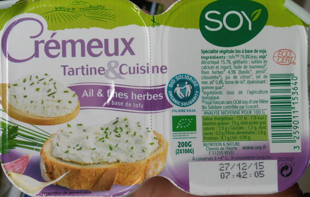 Crémeux Tartine & Cuisine Ail & Fines Herbes à base de tofu