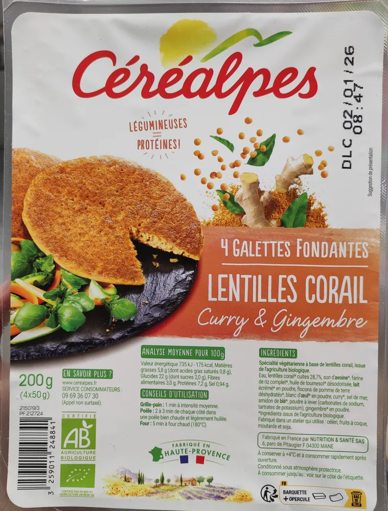Galette lentilles corail curry gingembre