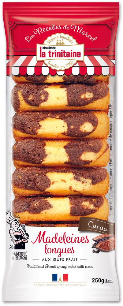 Les madeleines longues marbrées cacao de Marcel
