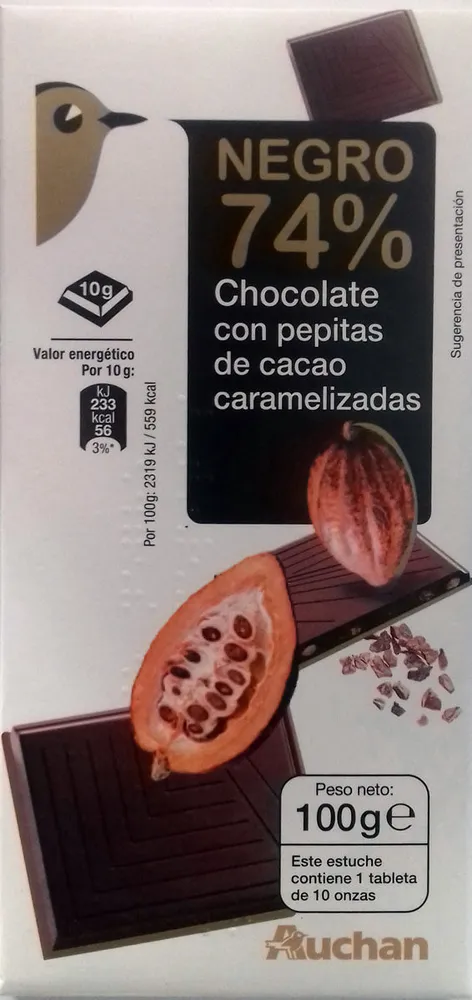 Chocolate negro 74% con pepitas de cacao caramelizadas