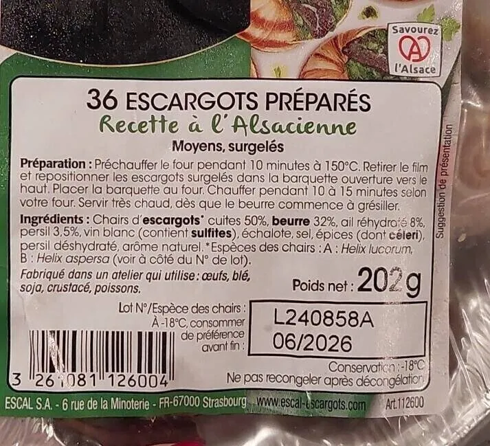 36 ESCARGOTS PRÉPARÉS Recette à l'Alsacienne