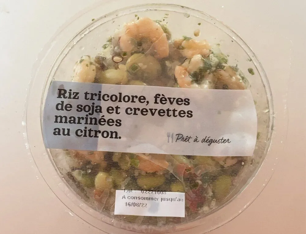 Riz tricolore, fèves de soja et crevettes marinées au citron