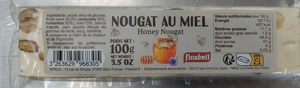 Nougat Blanc Au Miel Barre 100G