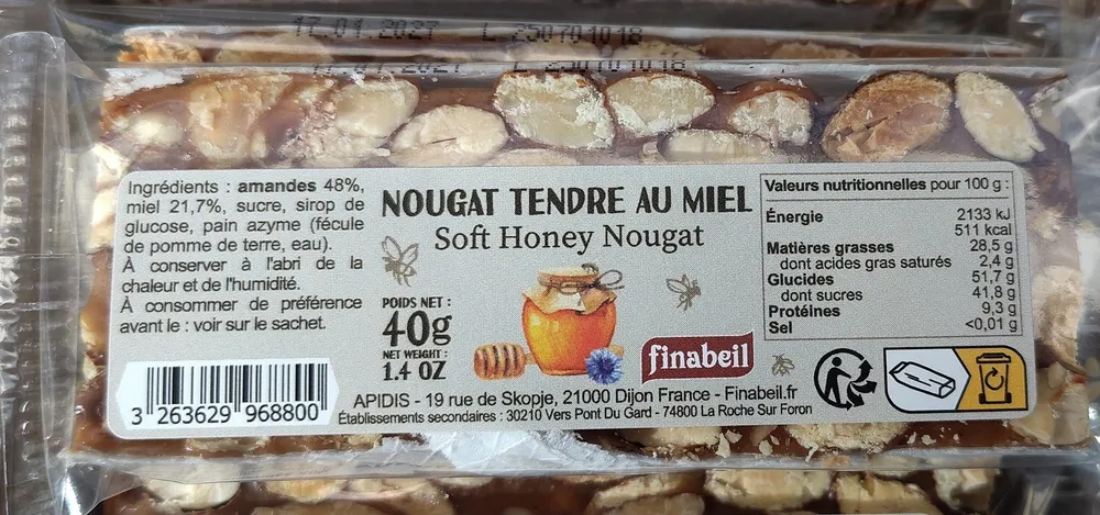 Nougat Noir Tendre Au Miel 40G