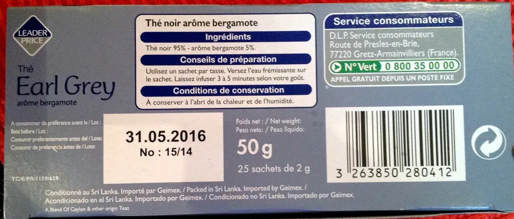 Thé Earl Grey arôme Bergamote