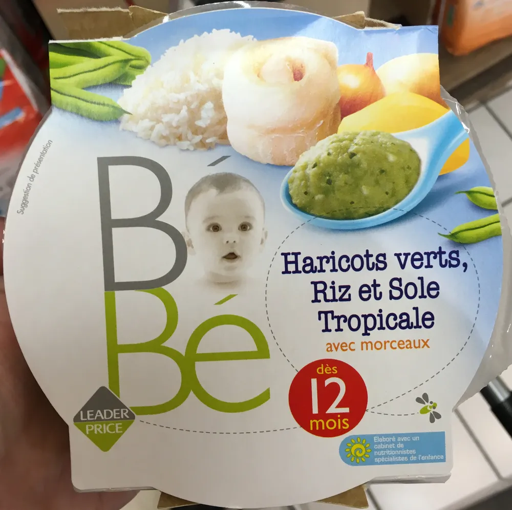 Purée avec morceaux à base de haricots verts riz et sole tropicale.