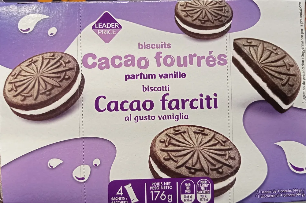 Biscuits Cacao fourrés parfum vanille