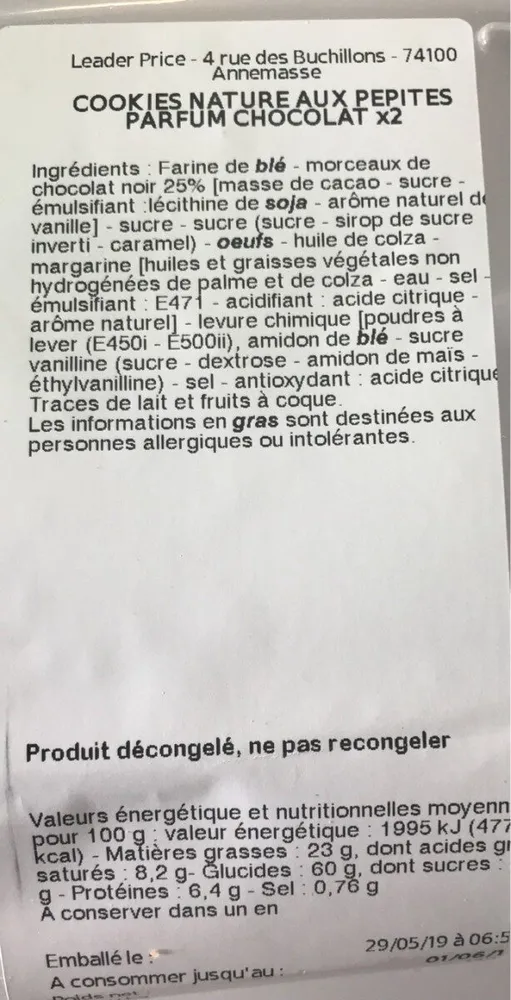 Cookies nature aux pepites parfum chocolat