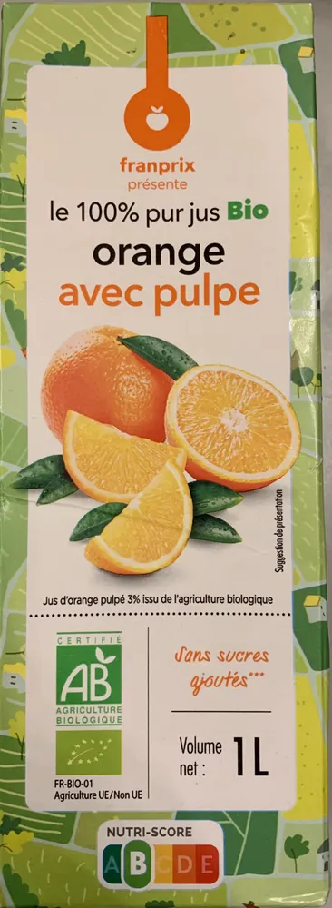 100% pur jus Bio orange avec pulpe
