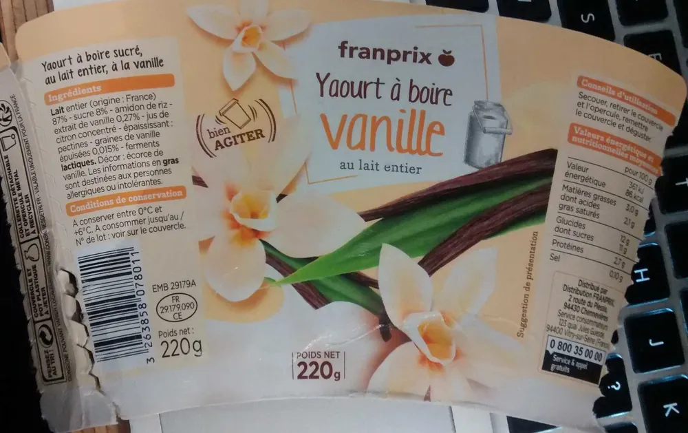 Yaourt à boire vanille au lait entier