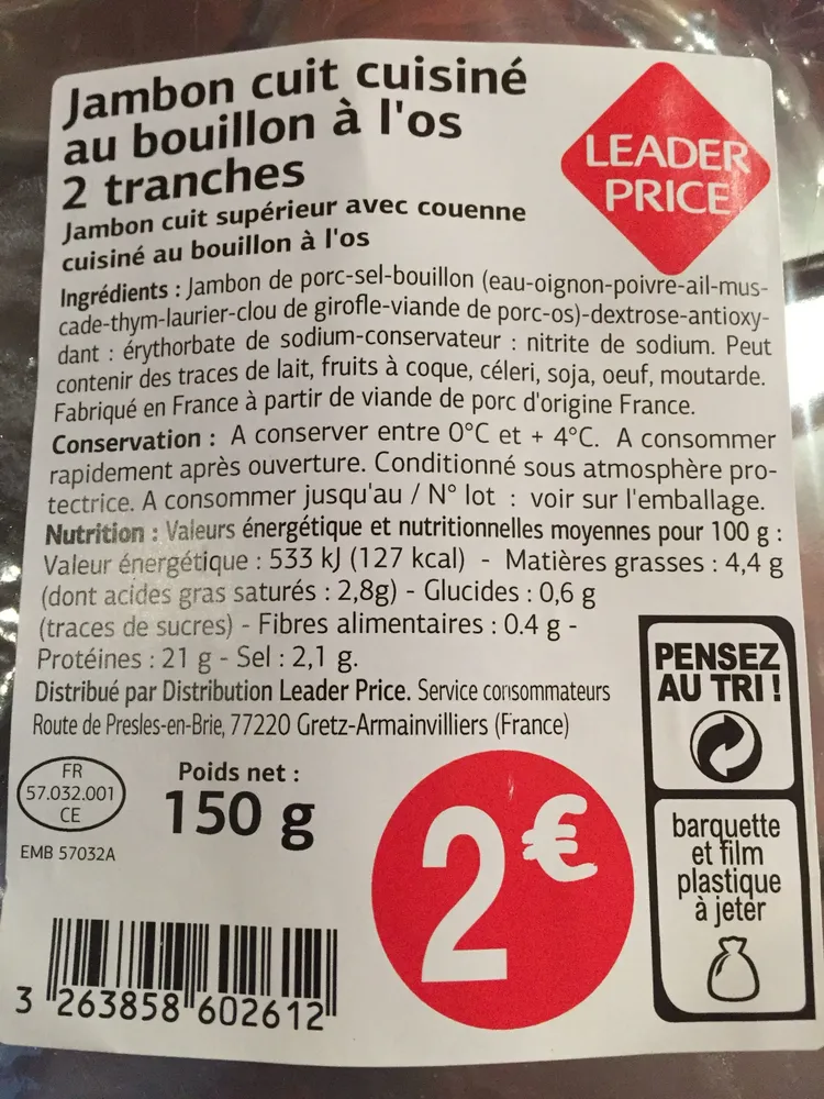 Jambon cuit cuisiné au bouillon à l'os 2 Tranches