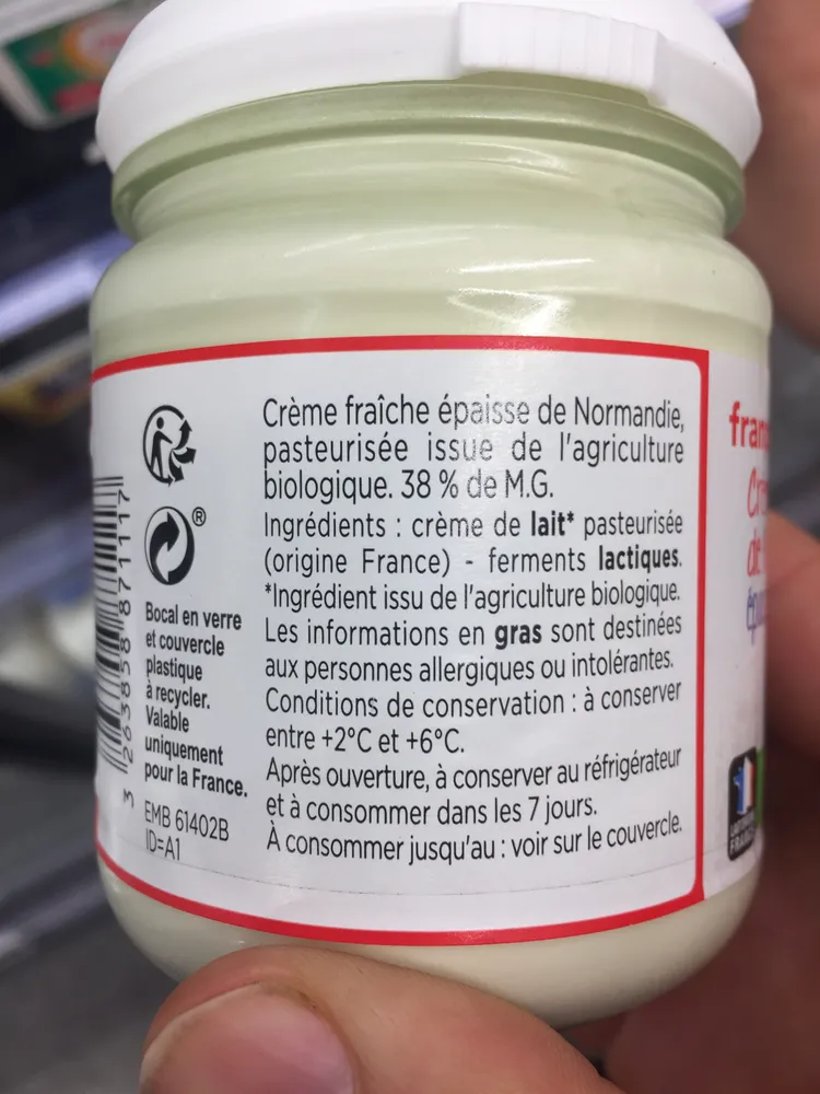 creme fraiche épaisse de Normandie bio 38% MG