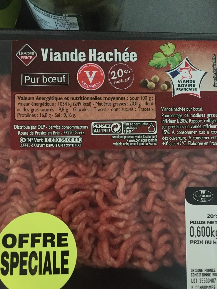 Viande hachée pur boeuf 20% mat. Gr.