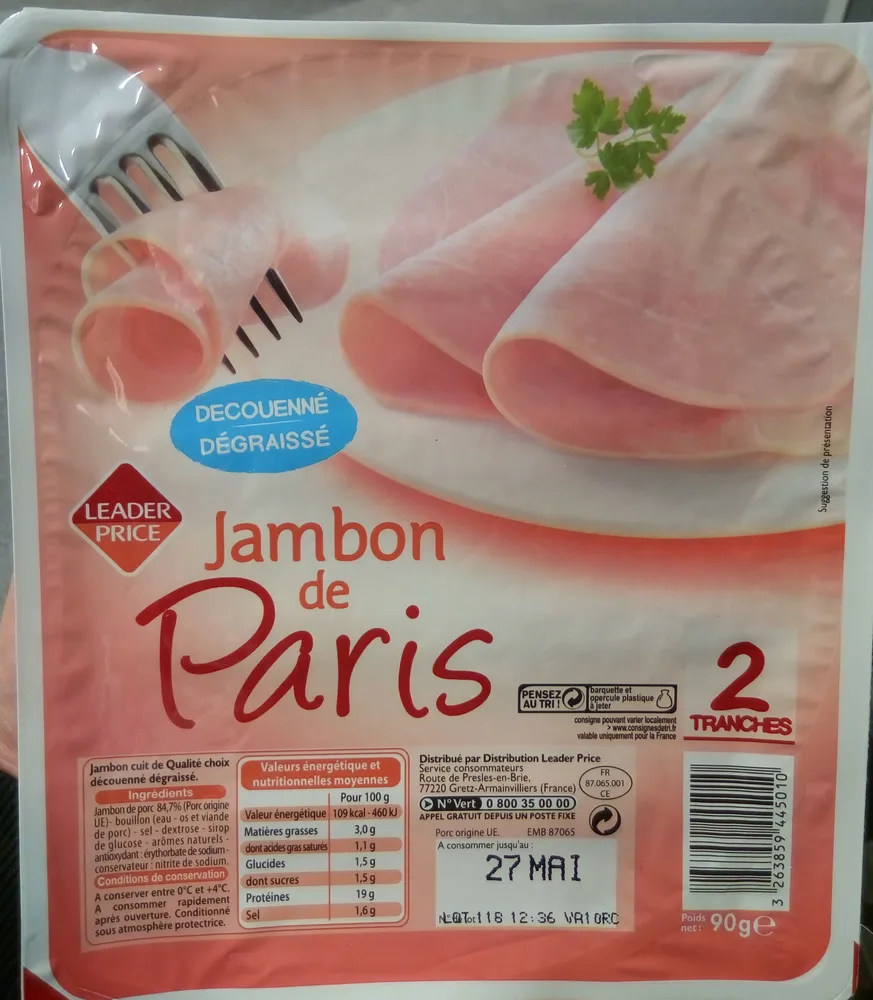 Jambon de Paris découenné dégraissé (2 tranches)